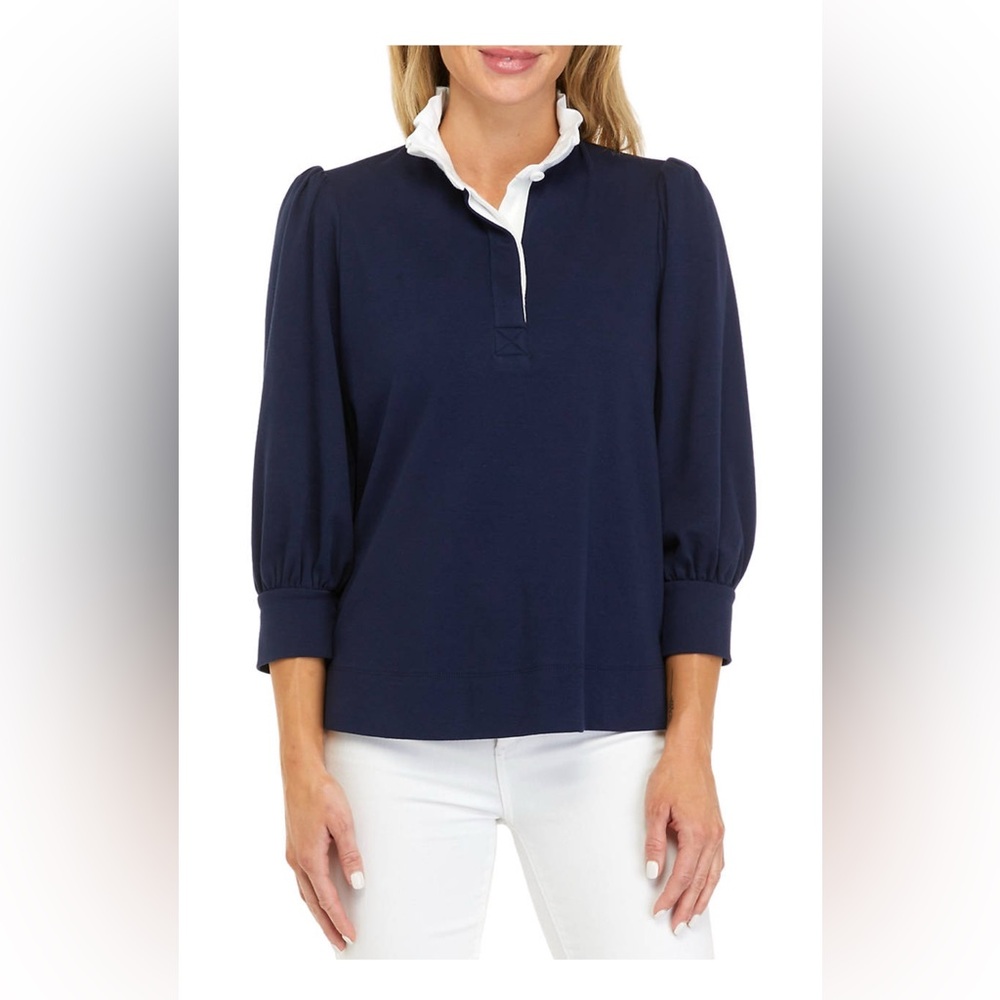 Navy Top with White Ruffle Collar